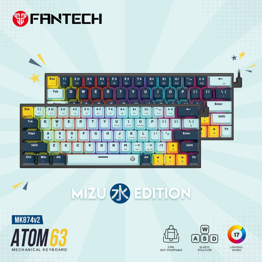 FANTECH MK874 V2 ATOM | 63 MIZU EDITION | HOT SWAPPABLE 3 PIN | BLUE SWITCH | MECHANICAL KEYBOARD| SKY BLUE| 6 MONTHS WARRANTY KEYBOARD