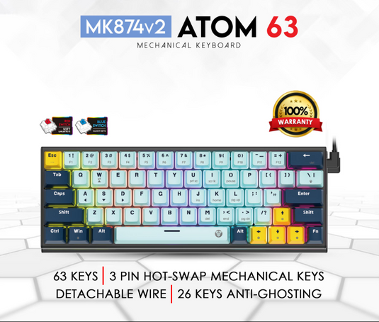 FANTECH MK874 V2 ATOM | 63 MIZU EDITION | HOT SWAPPABLE 3 PIN | RED SWITCH | MECHANICAL KEYBOARD | SKY BLUE | 6 MONTHS WARRANTY KEYBOARD