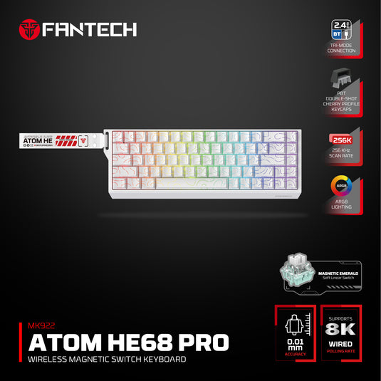 FANTECH MK922 ATOM HE68 PRO TOPO WHITE | MAGNETIC SWITCH | 68 KEYS | WIRED / WIRELESS/ BLUETOOTH | 256 KHZ SCAN RATE | DETACHABLE USB-C CABLE | MAGNETIC EMERALD | SOFT LINEAR SWITCH | 0.01MM ACCURACY | 6 MONTHS WARRANTY KEYBOARD