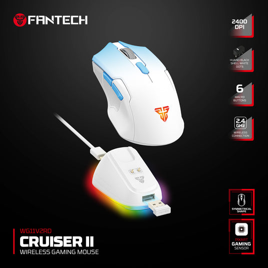 FANTECH WG11V2RD CRUISER II BLUE | 2400 DPI | 2.4GHZ WIRELESS | FREE CHARGING DOCK | HUANO BLACK SHELL WHITE DOTS SWITCH | 6 MACRO BUTTONS | SYMMETRICAL SHAPE | PIXART 3212 SENSOR | 6 MONTHS WARRANTY MOUSE