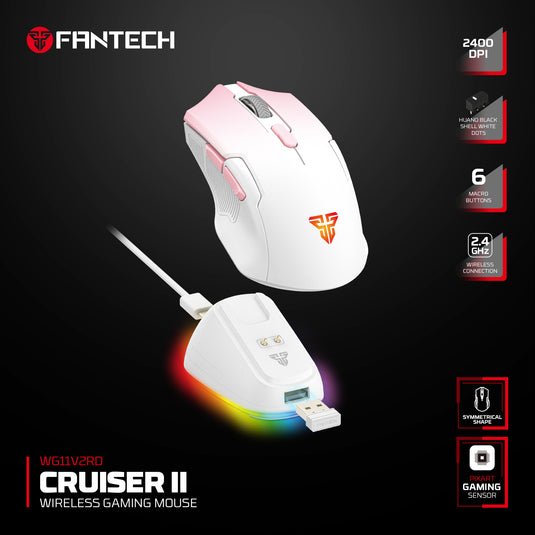 FANTECH WG11V2RD CRUISER II PINK | 2400 DPI | 2.4GHZ WIRELESS | FREE CHARGING DOCK | HUANO BLACK SHELL WHITE DOTS SWITCH | 6 MACRO BUTTONS | SYMMETRICAL SHAPE | PIXART 3212 SENSOR | 6 MONTHS WARRANTY MOUSE