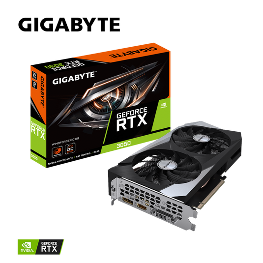 GIGABYTE GV-N3050WF2OC-6GD GEFORCE RTX 3050 WINDFORCE | 6GB | GDDR6 | 96BIT | PCI-E 4.0 | DVI * 1 | HDMI 2.1 * 1 | DP 1.4A * 1 | BLACK | 12 MONTHS WARRANTY GRAPHICS CARD