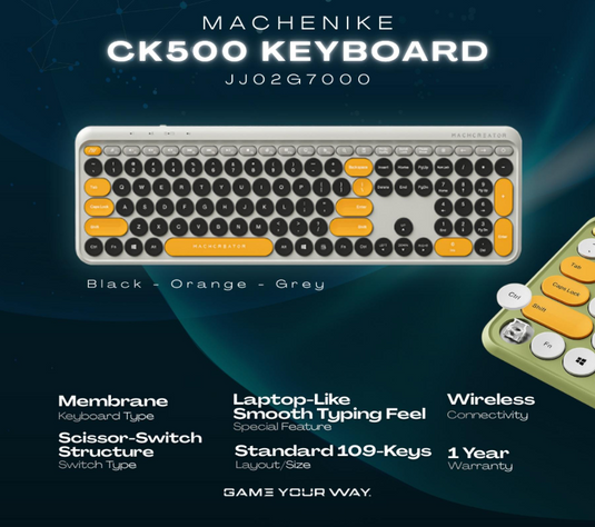 MACHENIKE CK500 | BLACK/ORANGE/GREY | WIRELESS CONNECTIVITY | MEMBRANE | 109 KEYS | SCISSOR-SWITCH TYPE STRUCTURE | SMOOTH TYPING FEEL | 6 MONTHS WARRANTY KEYBOARD
