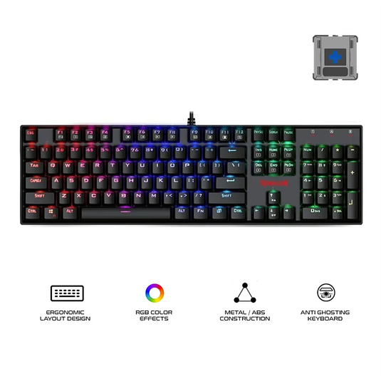 REDRAGON K551RGB-1 MITRA V2 | SINGLE LED | BLACK | WIRED USB 2.0 | OUTEMO BLUE SWITCH (CLICKY) | 104 KEYS | 100% LAYOUT DESIGN | UP TO 1000 HZ | FULL N-KEY ROLLOVER | RGB COLOR EFFECTS | ERGONOMIC LAYOUT DESIGN | 6 MONTHS WARRANTY KEYBOARD