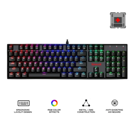 REDRAGON K551RGB-2 MITRA V2 | SINGLE LED | BLACK | WIRED USB 2.0 | OUTEMO RED SWITCH (CLICKY) | 104 KEYS | 100% LAYOUT DESIGN | UP TO 1000 HZ | FULL N-KEY ROLLOVER | RGB COLOR EFFECTS | ERGONOMIC LAYOUT DESIGN | 6 MONTHS WARRANTY KEYBOARD