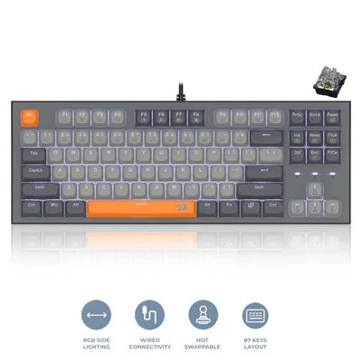 REDRAGON K611-GGO | BES | WIRED USB MECHANICAL KEYBOARD | 87 KEYS | 80% LAYOUT DESIGN | 2 SIDE LIGHT EFFECTS | CUSTOMIZED MECHANICAL SWITCHES | SILVER SWITCHES |GREY + ORANGE | 6 MONTHS WARRANTY KEYBOARD