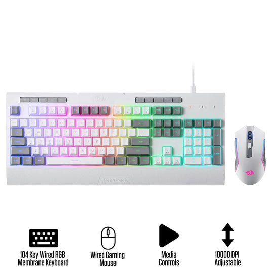 REDRAGON S151W | WHITE | 2 IN 1 COMBO | WIRED MEMBRANE | 100% KEYS LAYOUT | 104 KEYS | 5 MEDIA CONTROL | 6 PROGRAMMABLE KEYS | 20 MILLION CLICKS | 10000 MAX DPI MOUSE | ADVANCED SOFTWARE | 6 MONTHS WARRANTY KEYBOARD