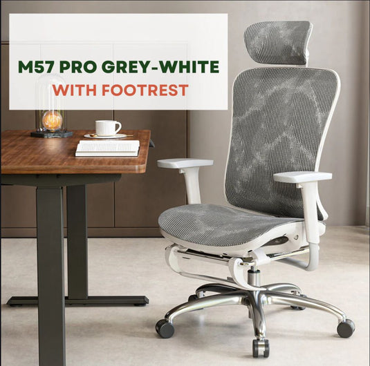 SIHOO M57 PRO WITH FOOTREST | GREY-WHITE | DOUBLE JOINT 3D ADJUSTABLE HEADREST | ADAPTIVE RECLINE TENSION | RECLINE-LOCK FEATURE | 4-WAY ADAPTIVE LUMBAR SUPPORT | CHAIR