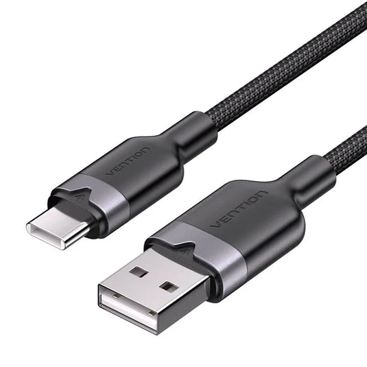 VENTION CTNBF | BLACK | USB-A TO USB-C CABLE | NICKEL-PLATED | ALUMINUM ALLOY SHELL | PVC + NYLON BRAIDED | 480MBPS DATA TRANSFER | 3A MAX CURRENT | 60W MAX POWER | 6 MONTHS WARRANTY CABLE