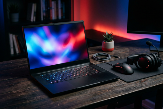 Gaming laptop with an RGB-lit screen, mouse, and headset on a desk