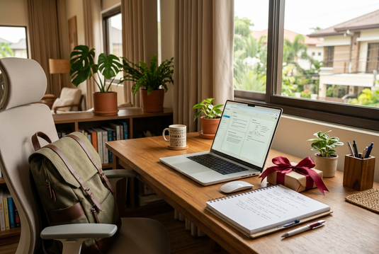 Laptop, backpack, notebooks, and a wrapped gift on a bright home study desk
