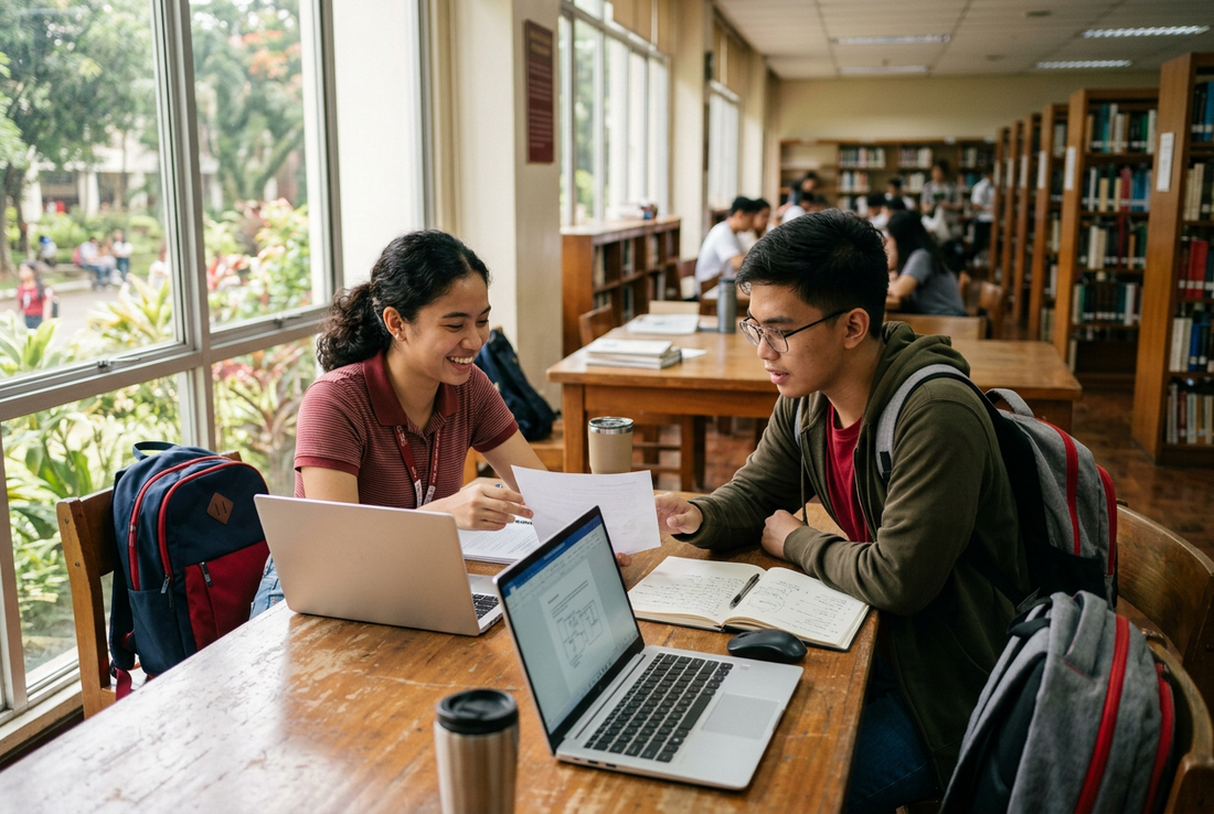 College students studying together with laptops and notebooks in a library