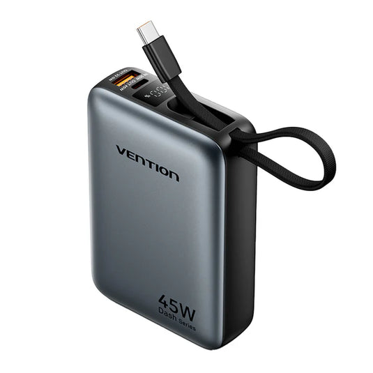 VENTION FHGHO-TY  | SILVER | 20,000MAH POWER BANK | 45W MAX OUTPUT AND SUPER FAST CHARGING | USB-A + USB-C PORTS | BUILT-IN USB-C CABLE FOR TWO-WAY CHARGING | COMPACT AND LIGHT |  6 MONTHS WARRANTY OTHERS