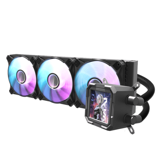 DARKFLASH DV360S WAVE MAX BLACK | ARGB AIO 360MM | COPPER BASE WATER BLOCK | FULLY COMPATIBLE WITH INTEL AND AMD | 320 X 320 RESOLUTION IPS LCD SQUARE SCREEN WATER-COOLED DISPLAY | 6 MONTHS WARRANTY LIQUID COOLER