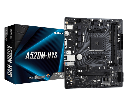 ASROCK A520M-HVS 2 DIMM SLOTS | DDR4 | PCIE-E 3 X 16 | M.2 GEN 3 X 4 | REALTEK GIGABIT LAN | AM4 | 12 MONTHS WARRANTY | MOTHERBOARD