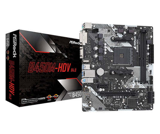 ASROCK B450M-HDV R4.0 | 2 DIMM SLOTS | DDR4 | REALTEK ALC887 | GIGABIT LAN | PCI-E 3.0 X 16 | PCI-E 3.0 X 4 M.2 | AM4 | 12 MONTHS WARRANTY MOBOARD