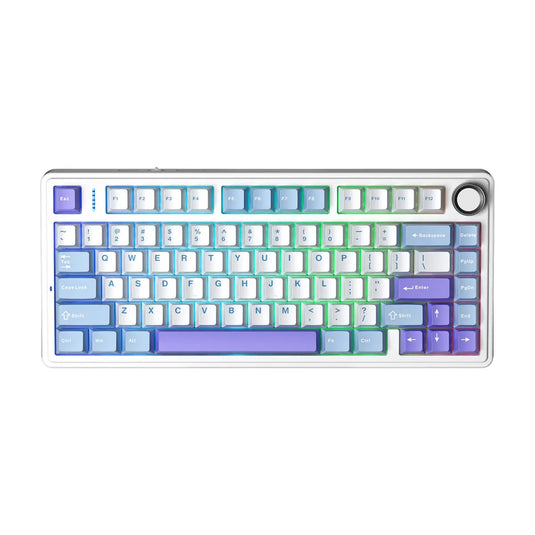AULA F75 | GLACIER PURPLE | 80 KEYS | 75% COMPACT LAYOUT | PER-KEY RGB BACKLIGHT | VOLUME KNOB | TRI-MODE 2.4GHZ WIRELESS + BLUETOOTH + WIRED | REAPER MECHANICAL SWITCH | 6 MONTHS WARRANTY KEYBOARD