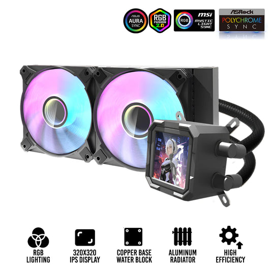 DARKFLASH DV240S WAVE BLACK | ARGB AIO 240MM | COPPER BASE WATER BLOCK | FULLY COMPATIBLE WITH INTEL AND AMD | 320 X 320 RESOLUTION IPS LCD SQUARE SCREEN WATER-COOLED DISPLAY | 6 MONTHS WARRANTY LIQUID COOLER