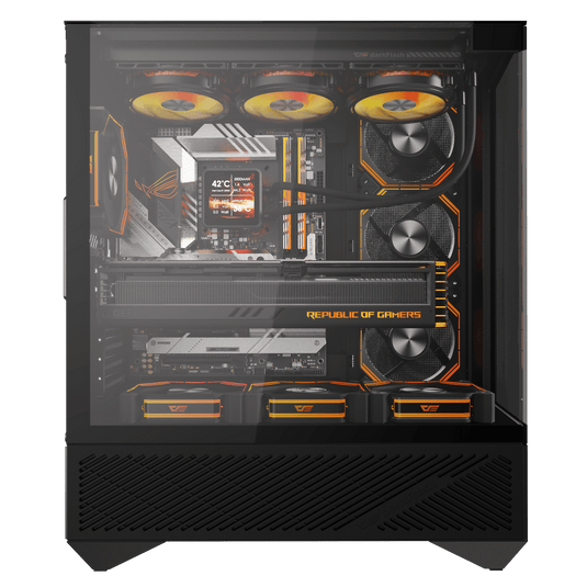 DARKFLASH DY 460  | BLACK | ATX | M-ATX | ITX | DUAL CHAMBER VERTICAL LAYOUT FOR SPACE EFFICIENCY | THREE-SIDED GLASS DESIGN | SUPPORT 360MM RADIATOR | UP TO 10X120MM FANS | USB 3.2 GEN 2 TYPE C PORT INCLUDED |  6 MONTHS WARRANTY PC CASE