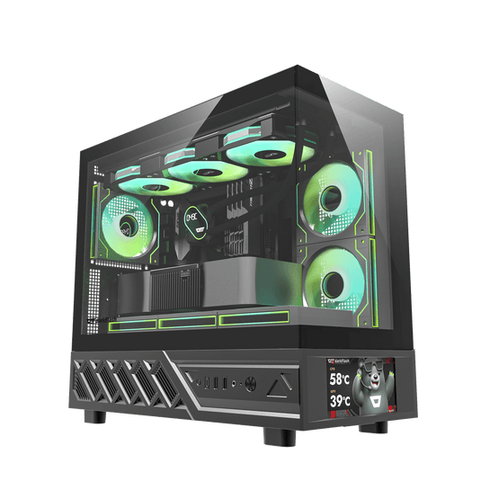 DARKFLASH | M-ATX / ITX | BLACK | WITH 6-INCH IPS CUSTOMIZABLE DISPLAY | 270 DEGREE PANORAMIC DESIGN WITHOUT A-PILLAR | FAN SUPPORT: 120MMX9 / 140MMX2 | TEMPERED GLASS | SUPPORTS 350MM RADIATOR | 6 MONTHS WARRANTY PC CASE