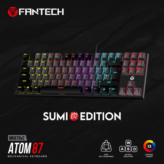 FANTECH MK876V2 | ATOM 87 | WIRED RGB MECHANICAL | SUMI EDITION | GREY | 3 PIN HOT SWAPPABLE | 25 KEYS ROLLOVER | RED SWITCH | 13 LIGHTING MODES | 87 KEYS TKL | 6 MONTHS WARRANTY KEYBOARD