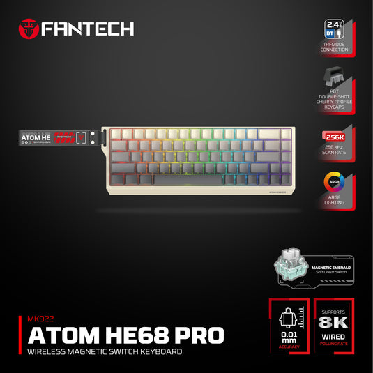 FANTECH MK922 ATOM HE68 PRO RETRO BEIGE | MAGNETIC SWITCH | 68 KEYS | WIRED / WIRELESS/ BLUETOOTH | 256 KHZ SCAN RATE | DETACHABLE USB-C CABLE | MAGNETIC EMERALD | SOFT LINEAR SWITCH | 0.01MM ACCURACY | 6 MONTHS WARRANTY KEYBOARD