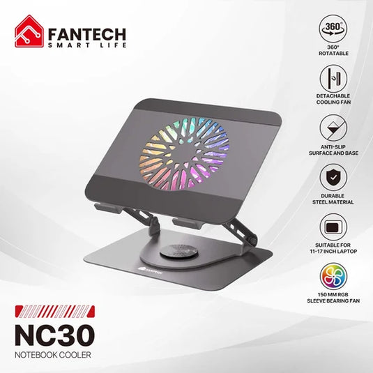 FANTECH NC30 LAPTOP COOLER GREY | 360° ROTATABLE | 11-17 INCHES SUITABLE | DETACHABLE COOLING FAN | STEEL MATERIAL | 150MM RGB FAN | SLEEVE BEARING FAN | ANTI-SLIP SURFACE & BASE | 6 MONTHS WARRANTY LAPTOP COOLER