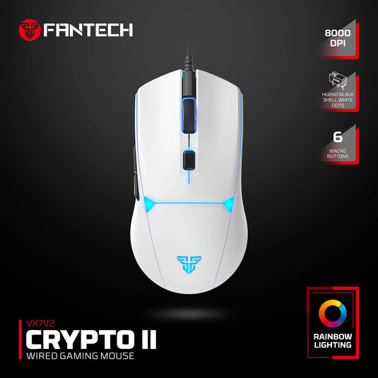FANTECH VX7V2 CRYPTO II WHITE | 8000 DPI | WIRED | HUANO BLACK SHELL WHITE DOTS | OPTICAL SENSOR | MACRO BUTTONS | RAINBOW LIGHTING | 6 MONTHS WARRANTY MOUSE