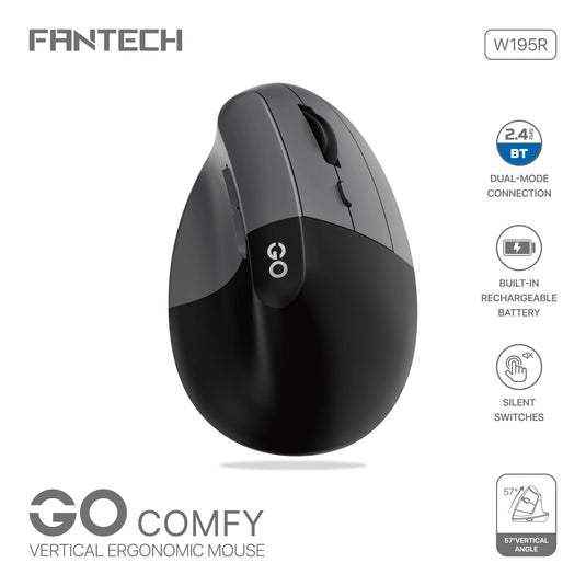 FANTECH W195R GO COMFY GREY | VERTICAL ERGONOMIC | 57 VERTICAL ANGLE | BLUETOOTH 5.1 / 2.4GHZ WIRELESS | SILENT SWITCHES | RECHARGEABLE 500MAH | 5 MILLION CLICKS | UP TO 1600 DPI | 6 MONTHS WARRANTY MOUSE