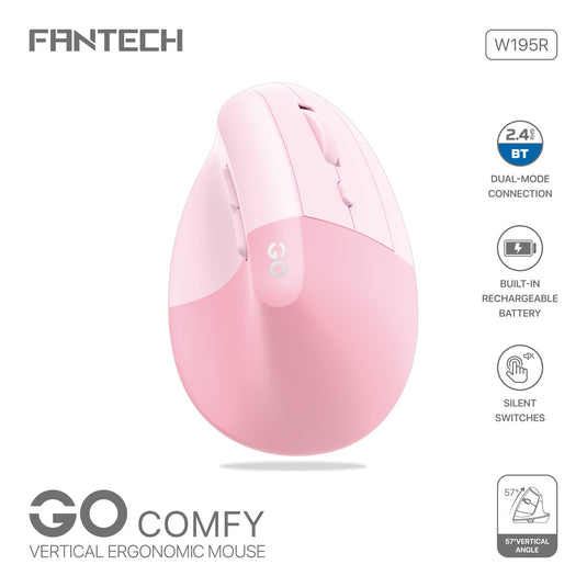 FANTECH W195R GO COMFY PINK | VERTICAL ERGONOMIC | 57 VERTICAL ANGLE | BLUETOOTH 5.1 / 2.4GHZ WIRELESS | SILENT SWITCHES | RECHARGEABLE 500MAH | 5 MILLION CLICKS | UP TO 1600 DPI | 6 MONTHS WARRANTY MOUSE