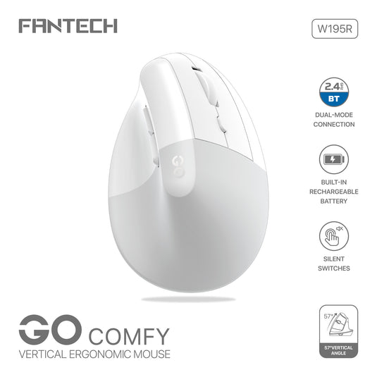 FANTECH W195R GO COMFY WHITE | VERTICAL ERGONOMIC | 57 VERTICAL ANGLE | BLUETOOTH 5.1 / 2.4GHZ WIRELESS | SILENT SWITCHES | RECHARGEABLE 500MAH | 5 MILLION CLICKS | UP TO 1600 DPI | 6 MONTHS WARRANTY MOUSE
