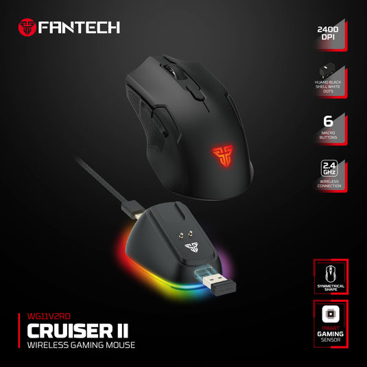 FANTECH WG11V2RD CRUISER II BLACK | 2400 DPI | 2.4GHZ WIRELESS | FREE CHARGING DOCK | HUANO BLACK SHELL WHITE DOTS SWITCH | 6 MACRO BUTTONS | SYMMETRICAL SHAPE | PIXART 3212 SENSOR | 6 MONTHS WARRANTY MOUSE
