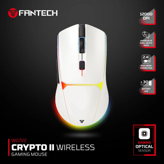 FANTECH WG7V2RD CRYPTO II WHITE | 12000 DPI | WIRELESS / BLUETOOTH / WIRED | FREE CHARGING DOCK | HUANO BLUE SHELL WHITE DOTS | 6 MACRO BUTTONS | OPTICAL SENSOR | 20 MILLION CLICKS | 6 MONTHS WARRANTY MOUSE