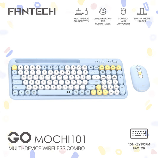 FANTECH WK899 GO MOCHI101 BLUE | 2 IN 1 SET | BLUETOOTH AND WIRELESS | 101 KEYS FORM FACTOR | MULTI-DEVICE CONNECTIVITY | UNIQUE KEYCAPS | COMPACT AND CONVENIENT | ROTARY KNOB DESIGN | MEMBRANE | 6 MONTHS WARRANTY KEYBOARD