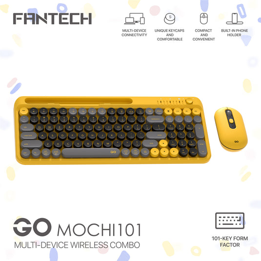 FANTECH WK899 GO MOCHI101 YELLOW | 2 IN 1 SET | BLUETOOTH AND WIRELESS | 101 KEYS FORM FACTOR | MULTI-DEVICE CONNECTIVITY | UNIQUE KEYCAPS | COMPACT AND CONVENIENT | ROTARY KNOB DESIGN | MEMBRANE | 6 MONTHS WARRANTY KEYBOARD
