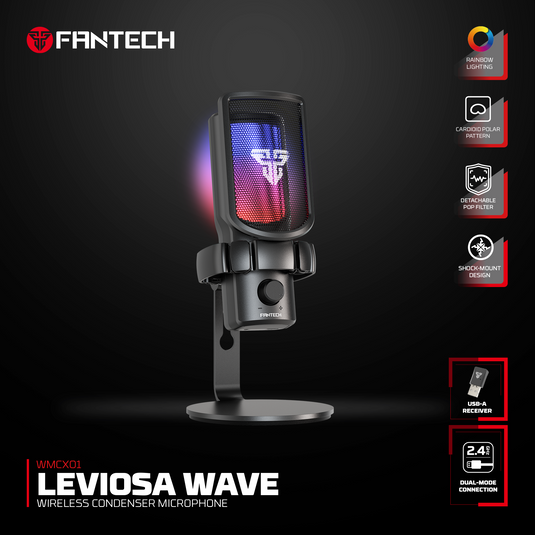 FANTECH WMCX01 LEVIOSA WAVE BLACK | MICROPHONE | WIRELESS / WIRED | RGB RAINBOW | DETACHABLE FILTER | SHOCK MOUNT | CARDIOD POLAR PATTERN | USB-A RECEIVER | 6 MONTHS WARRANTY MICROPHONE