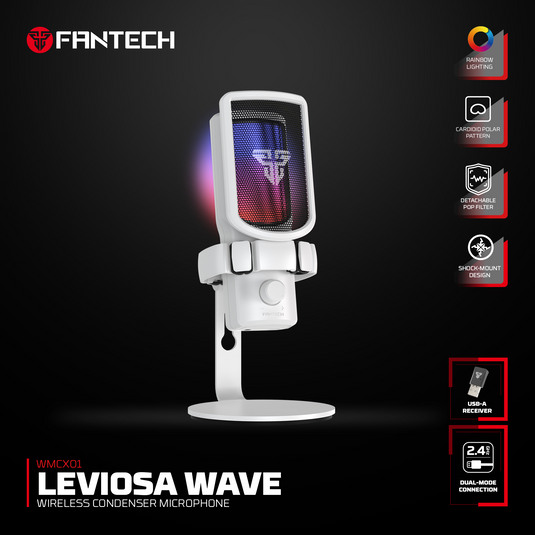 FANTECH WMCX01 LEVIOSA WAVE WHITE | MICROPHONE | WIRELESS / WIRED | RGB RAINBOW | DETACHABLE FILTER | SHOCK MOUNT | CARDIOD POLAR PATTERN | USB-A RECEIVER | 6 MONTHS WARRANTY MICROPHONE