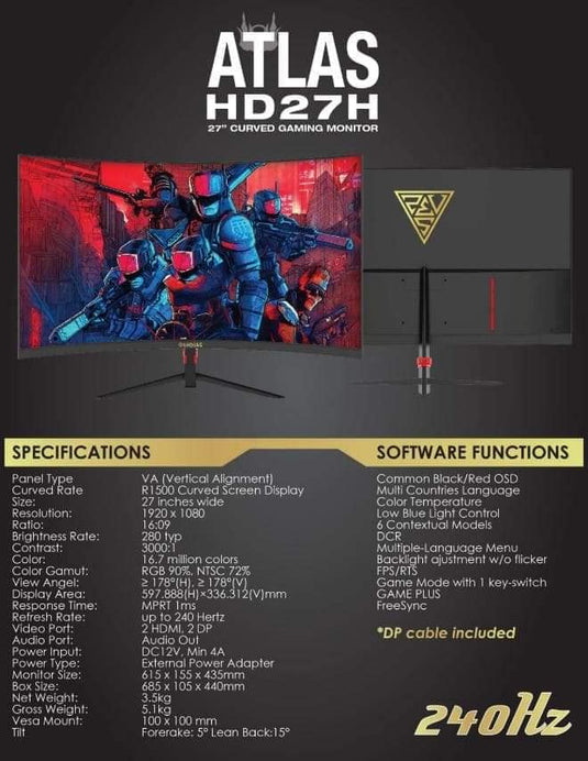 GAMDIAS ATLAS HD27H 27" 240HZ VA CURVED SCREEN DISPLAY | FREESYNC GAMING MONITOR-MONITOR-Makotek Computers