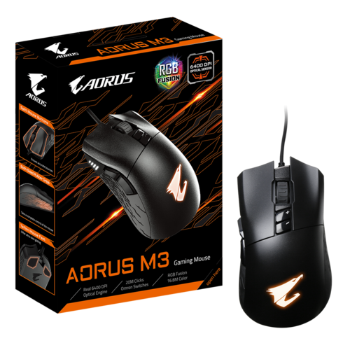 GIGABYTE AORUS M3 | PIXART 3988 SENSOR | 50 - 6400 DPI SENSITIVITY (DEFAULT: 800/1600/2400/3200 DPI) | 20M SWITCH LIFE | USB CONNECTION |   MOUSE | 6 MONTHS WARRANTY MOUSE