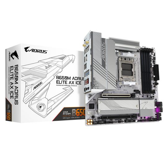 GIGABYTE GA-B650M-A-ELITE-AX-ICE B650M-A ELITE AX ICE | AM5 | SUPPORTS RYZEN 7000,8000 AND 9000 SERIES PROCESSOR |4*DIMMs SLOTS | 1*PCIE 5.0 x4 AND 2*PCIE 4.0 x4 M.2 | 12 MONTHS WARRANTY MOTHERBOARD