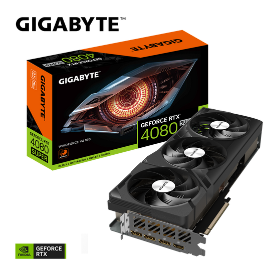 GIGABYTE GV-N408SWF3-16GD GEFORCE RTX™ 4080 SUPER WINDFORCE V2 | 16G GDDR6X | PCI-E 4.0 X 16 | DX12 ULTIMATE | 16 PIN * 1 | DP 1.4A * 3 | HDMI 2.1A * 1 | BLACK | 12 MONTHS WARRANTY | GRAPHICS CARD