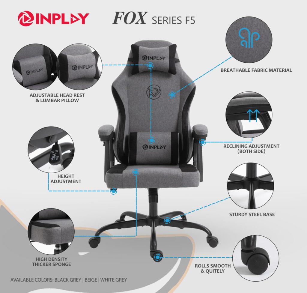 INPLAY FOX F5-W WHITE-GRAY | FABRIC MATERIAL GAMING CHAIR-LAPTOP-Makotek Computers