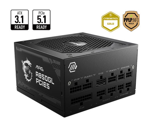 MSI MAG A850GL 850W 80+ GOLD | PCIE 5.1 | ATX 3.1 | CYBENETICS GOLD | FLAT CABLES | FULLY MODULAR | 12 MONTHS WARRANTY POWER SUPPLY UNIT