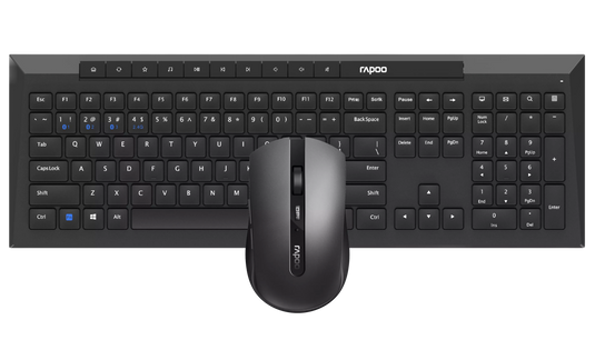 RAPOO 8210M | BLACK | MULTI-MODE WIRELESS KEYBOARD AND MOUSE | CONNECT VIA BLUETOOTH 4.0/5.0/2.4GHz | MULTI-DEVICE SWITCH | SILENT CLICK | 3.9MM SLIM DESIGN | DPI ADJUSTABLE | FN MULTIMIDEA HOTKEYS | PLUG AND PLAY | 6 MONTHS WARRANTY KEYBOARD