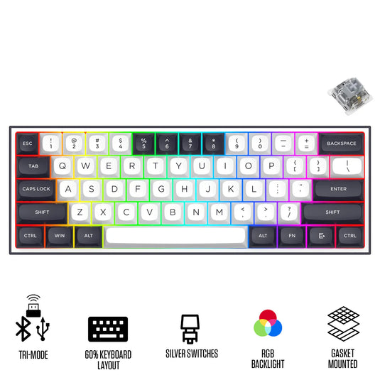 REDRAGON K717 ALCOR | WHITE BLACK | 60% LAYOUT DESIGN | 67 KEYS | QMK COMPATIBLE | 3 MODES CONNECTION: WIRELESS | BLUETOOTH | WIRED | SILVER SWITCH (LINEAR) | HOT-SWAPPABLE | PROGRAMMABLE RGB BACKLIGHT | 6 MONTHS WARRANTY KEYBOARD