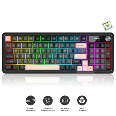 REDRAGON K719GBP-RGB-PRO | GALATIN PRO |95 KEYS | 96% LAYOUT DESIGN | 3 MODES CONNECTION WITH LCD SCREEN GASKET MOUNTED MECHANICAL | WIRELESS | BLUETOOTH |WIRED |LINEAR MINT MAMBO SWITCH |GREY + BLACK + PINK | 6 MONTHS WARRANTY KEYBOARD