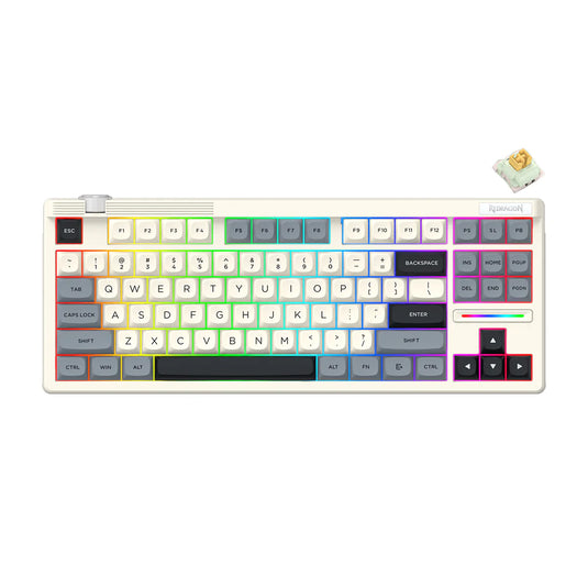 REDRAGON K729BCY-RGB-PRO | OTIIM PRO | 80% LAYOUT DESIGN | 87 KEYS | 3 MODES CONNECTION: WIRELESS | BLUETOOTH | WIRED | YELLOW SWITCH (LINEAR) | HOT-SWAPPABLE | PROGRAMMABLE RGB BACKLIGHT | GREY + BLACK + WHITE KEYCAPS | 6 MONTHS WARRANTY KEYBOARD