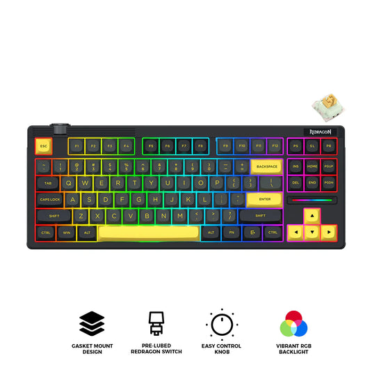 REDRAGON K729GBW-RGB-PRO | OTIIM PRO | 80% LAYOUT DESIGN | 87 KEYS | 3 MODES CONNECTION: WIRELESS | BLUETOOTH | WIRED | YELLOW SWITCH (LINEAR) | HOT-SWAPPABLE | PROGRAMMABLE RGB BACKLIGHT | BLACK + GREY + YELLOW KEYCAPS | 6 MONTHS WARRANTY KEYBOARD