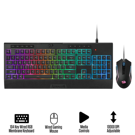 REDRAGON S151 | BLACK | 2 IN 1 COMBO | WIRED MEMBRANE | 100% KEYS LAYOUT | 104 KEYS | 5 MEDIA CONTROL | 6 PROGRAMMABLE KEYS | 20 MILLION CLICKS | 10000 MAX DPI MOUSE | ADVANCED SOFTWARE | 6 MONTHS WARRANTY KEYBOARD