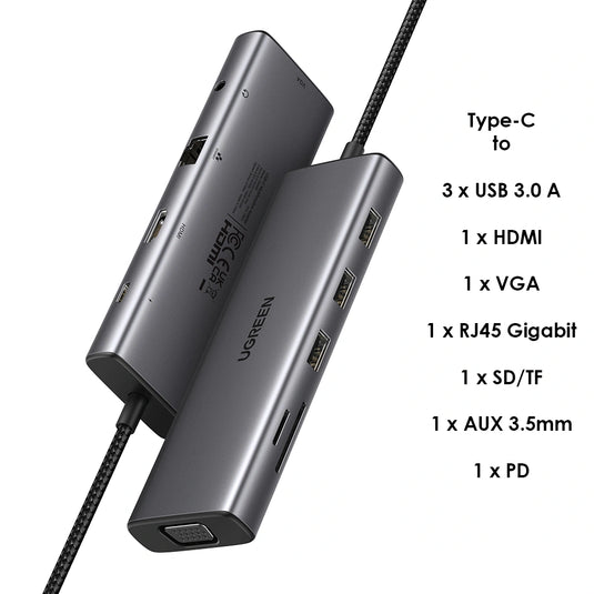UGREEN CM498/15601 10 IN 1 | TYPE C TO 3X USB 3.0 A  | HDMI PORT | VGA PORT |  RJ45 ETHERNET PORT  | SD/TF CARD READERS | 3.5MM AUX AUDIO PORT | USB-C PORT    ADAPTER
